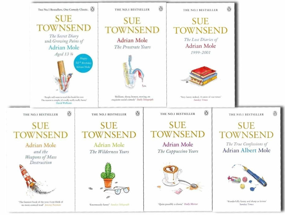 Adrian Mole collection 8 Books set. (Sue Townsend Adrian Mole series collection set.) (The secret diary of Adrian Mole aged 13 ¾, the Growing pains of Adrian Mole, True confessions of Adrian Albert Mole, Adrian Mole: the wilderness year, Adrian Mole the