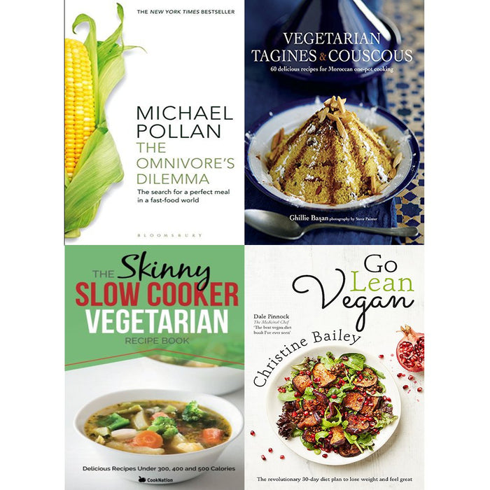 Omnivore dilemma, vegetarian tagines and couscous [hardcover], slow cooker vegetarian recipe book and go lean vegan 4 books collection set