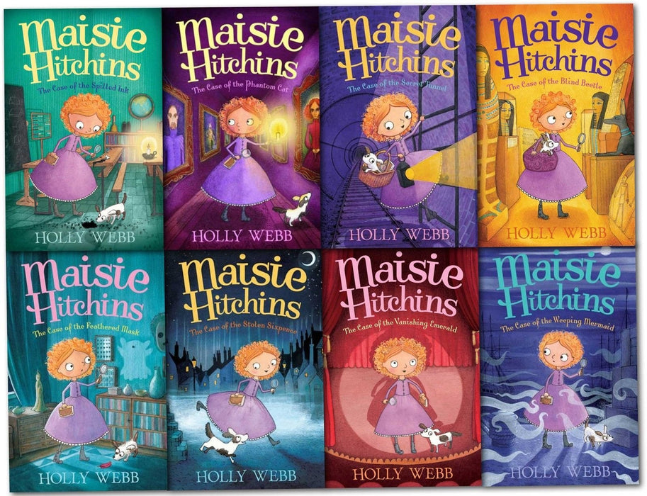Holly Webb Maisie Hitchins Series Collection 8 Books Set (The Case of the Stolen Sixpence, Feathered Mask, Secret Tunnel, Blind Beetle, Weeping Mermaid, Phantom Cat, Spilled Ink, Vanishing Emerald)